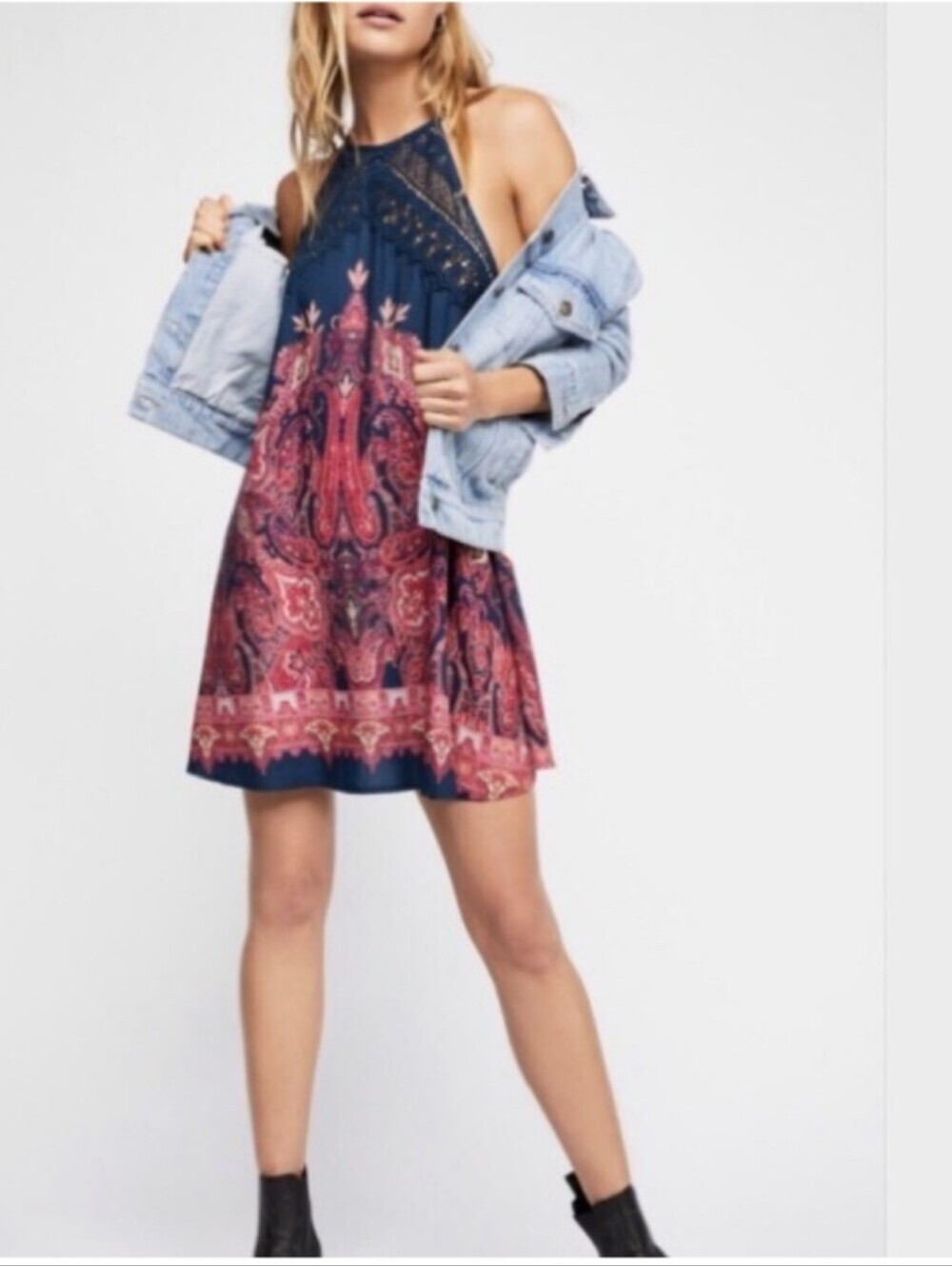Free People Shea Printed Mini Dress Navy Blue Pink XS - Picture 3 of 9